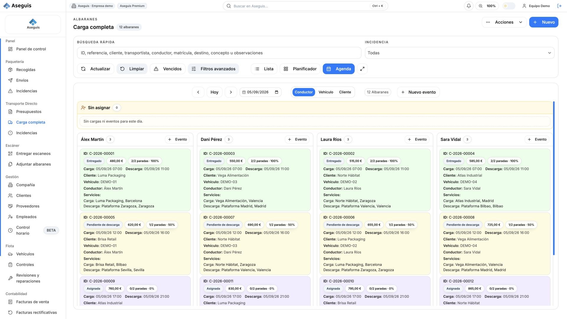 Agenda real de carga completa organizada por conductor y vehículo