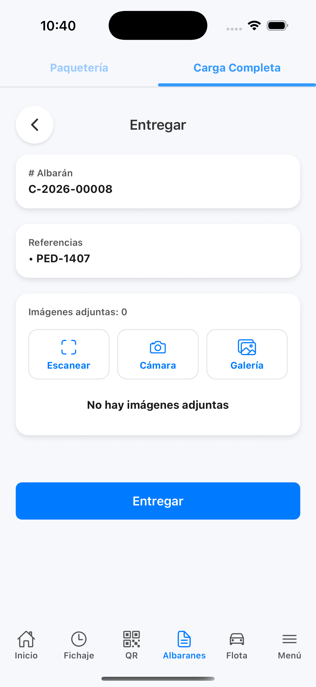 Pantalla real de Aseguis para adjuntar imágenes al completar una entrega